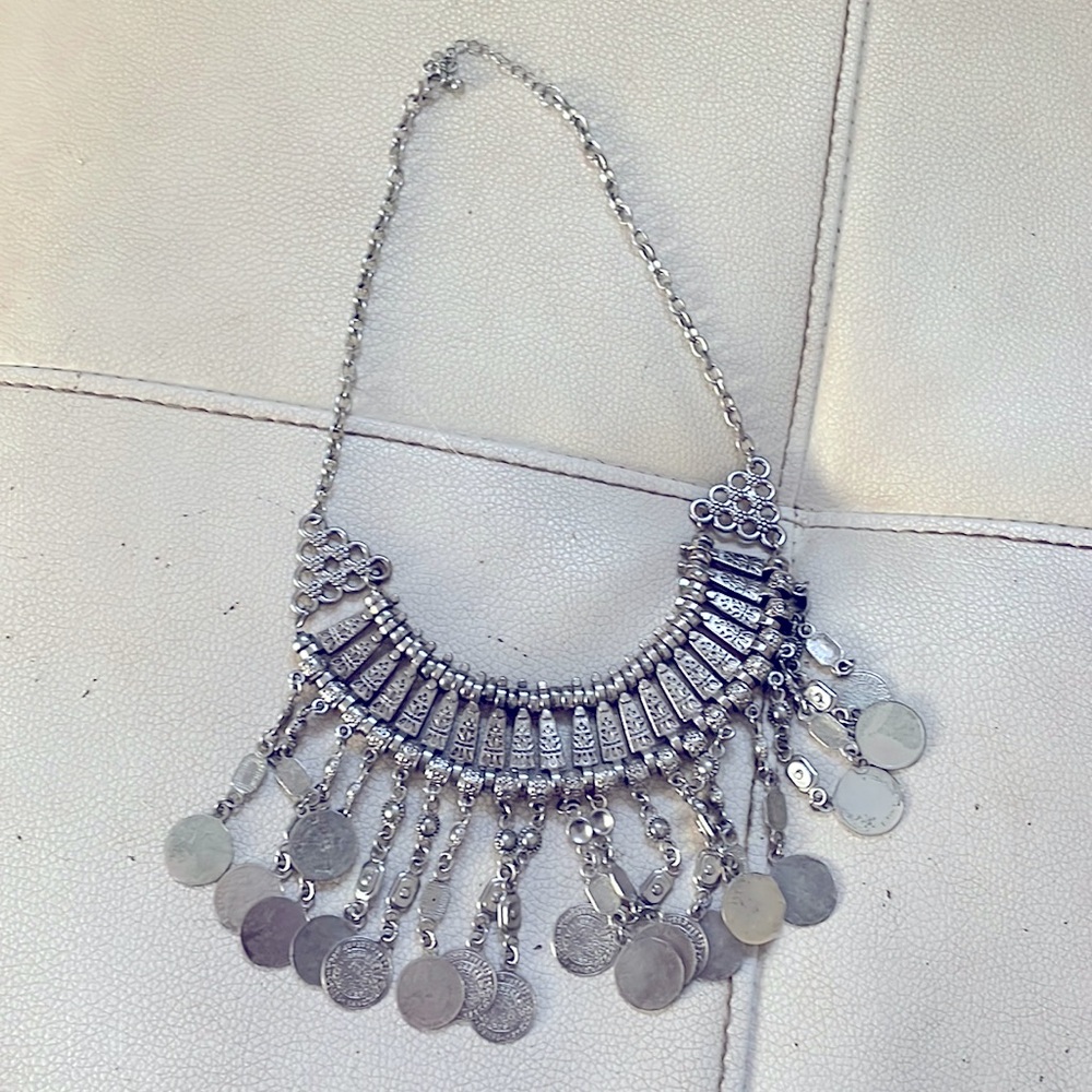 Boho coin necklace- silver